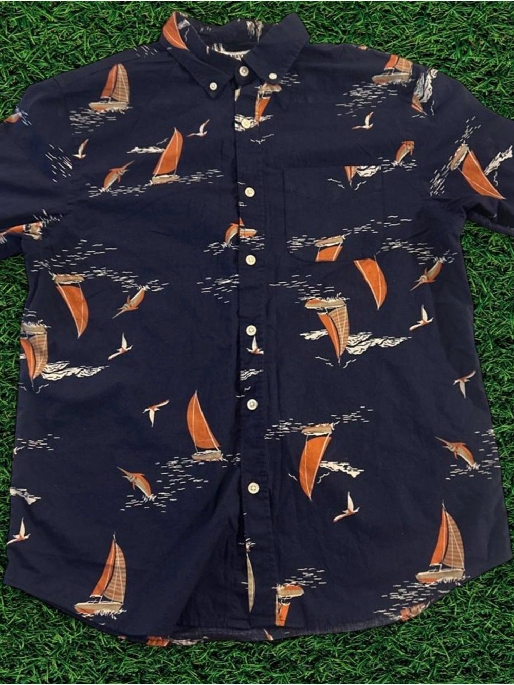Old Navy Navy Button-Down Shirt with Orange Sailboat Print